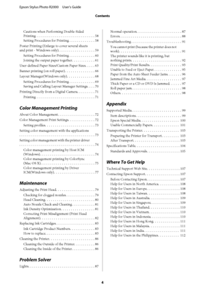 Page 4Cautions when Performing Double-Sided 
Printing.............................. 58 
Setting Procedures for Printing............. 58 
Poster Printing (Enlarge to cover several sheets 
and print - Windows only).................. 59 
Setting Procedures for Printing............. 60 
Joining the output paper together........... 61 
User-defined Paper Sizes/ Custom Paper Sizes. . . . . 63 
Banner printing (on roll paper)............... 66
Layout Manager(Windows only).............. 68 
Setting Procedures for...