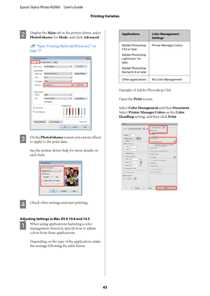 Page 43B
Display the Main tab in the printer driver, select 
PhotoEnhance  for Mode, and click Advanced. 
U  “Basic Printing Methods(Windows)” on 
page 27
C
On the  PhotoEnhance screen, you can set effects 
to apply to the print data. 
See the printer driver help for more details on 
each item.
D
Check other settings and start printing.
Adjusting Settings in Mac OS X 10.6 and 10.5
A
When using applications featuring a color 
management function,  specify how to adjust 
colors from these applications. 
Depending...