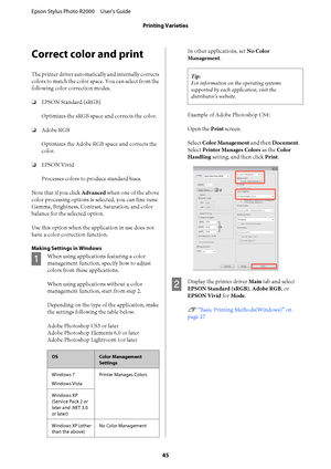 Page 45Correct color and print
The printer driver automatically and internally corrects 
colors to match the color sp ace. You can select from the 
following color correction modes. 
❏ EPSON Standard (sRGB) 
Optimizes the sRGB space and corrects the color. 
❏ Adobe RGB 
Optimizes the Adobe RGB space and corrects the 
color. 
❏ EPSON Vivid 
Processes colors to produce standard hues. 
Note that if you click  Advanced when one of the above 
color processing options is  selected, you can fine-tune 
Gamma,...