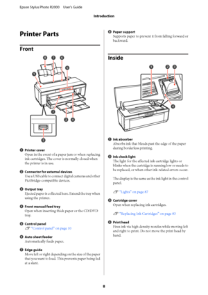 Page 8Printer Parts
Front
APrinter cover
Open in the event of a paper jam or when replacing 
ink cartridges. The cover is normally closed when 
the printer is in use.
B Connector for external devices
Use a USB cable to connect digital cameras and other 
PictBridge-compatible devices.
C Output tray
Ejected paper is collected here. Extend the tray when 
using the printer.
D Front manual feed tray
Open when inserting thick paper or the CD/DVD 
tray.
E Control panel
U “Control panel” on page 10
FAuto sheet feeder...