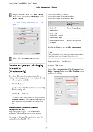 Page 77B
Display the Print screen, select Print Settings 
from the list, and then select  ColorSync as the 
Color Settings . 
U  “Basic Printing Methods(Mac OS X)” on 
page 28
C
Check other settings and start printing.
Color management printing by  
Driver ICM
(Windows only)
The printer driver uses its own printer profiles to 
perform color management. You can use the following
two color correction methods. 
❏ Driver ICM (Basic) 
Specify one type of profile and intent for processing 
the entire image data. 
❏...