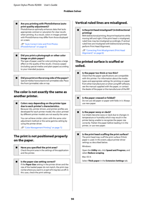 Page 94oAre you printing with PhotoEnhance (auto 
print quality adjustment)?
PhotoEnhance optimally enhances data that lacks 
appropriate contrast or sa turation for clear results 
when printing. As a result, colors in images printed
with PhotoEnhance may differ from those displayed 
on screen. 
U  “Auto Correct Color and Print Photos 
(PhotoEnhance)” on page 42
oDid you print a photograph or other color 
image on plain paper?
The type of paper used for color printing has a large 
effect on the quality of the...