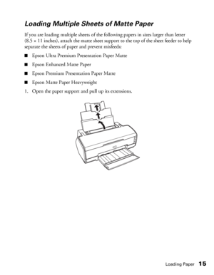 Page 15Loading Paper15
Loading Multiple Sheets of Matte Paper
If you are loading multiple sheets of the following papers in sizes larger than letter 
(8.5 × 11 inches), attach the matte sheet support to the top of the sheet feeder to help 
separate the sheets of paper and prevent misfeeds: 
■Epson Ultra Premium Presentation Paper Matte
■Epson Enhanced Matte Paper
■Epson Premium Presentation Paper Matte
■Epson Matte Paper Heavyweight
1. Open the paper support and pull up its extensions.
 