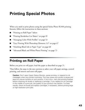 Page 4343
Printing Special Photos
When you need to print photos using the special Stylus Photo R2400 printing 
features, follow the instructions in these sections:
■“Printing on Roll Paper” below
■“Printing Borderless Cut Sheets” on page 49
■“Managing Color With Profiles” on page 53
■“Easy Printing With Photoshop Elements 3.0” on page 67
■“Matching Black Ink to Paper Type” on page 68
■“Advanced Black and White Photo Printing” on page 73
Printing on Roll Paper
Before you print on roll paper, load the paper as...