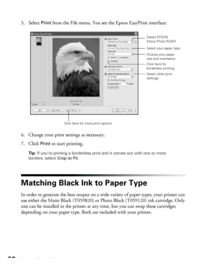 Page 6868Printing Special Photos
5. Select Print from the File menu. You see the Epson EasyPrint interface:
6. Change your print settings as necessary.
7. Click 
Print to start printing.
Tip: If you’re printing a borderless print and it comes out with one or more 
borders, select Crop to Fit.
Matching Black Ink to Paper Type
In order to generate the best output on a wide variety of paper types, your printer can 
use either the Matte Black (T059820) or Photo Black (T059120) ink cartridge. Only 
one can be...