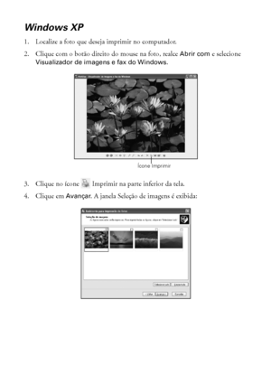 Page 2222Impressão do início ao fim
Windows XP
1. Localize a foto que deseja imprimir no computador.
2. Clique com o botão direito do mouse na foto, realce Abrir com e selecione 
Visualizador de imagens e fax do Windows.
3. Clique no ícone   Imprimir na parte inferior da tela.
4. Clique em Avançar. A janela Seleção de imagens é exibida:
Ícone Imprimir
R270_Basics_Port.book  Page 22  Wednesday, July 26, 2006  2:34 PM
 