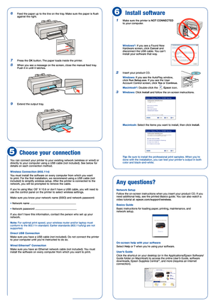 Page 36  Feed the paper up to the line on the tray. Make sure the paper is flush 
against the right.
7 Press the OK button. The paper loads inside the printer.
8  When you see a message on the screen, close the manual feed tray. 
Push it in until it latches.
9  Extend the output tray.
4120369 Rev.0
1-B   C
4120369 Rev.0
1-B   M
4120369 Rev.0
1-B   Y
4120369 Rev.0
1-B   K
Need paper and ink?
Try Epson paper with Epson UltraChrome K3® ink for professional results. For 
the right supplies at the right time, you...