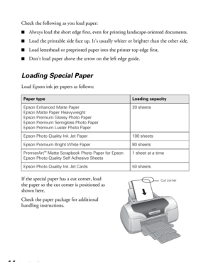 Page 1414Loading Paper
Check the following as you load paper:
■Always load the short edge first, even for printing landscape-oriented documents.
■Load the printable side face up. It’s usually whiter or brighter than the other side.
■Load letterhead or preprinted paper into the printer top edge first.
■Don’t load paper above the arrow on the left edge guide.
Loading Special Paper
Load Epson ink jet papers as follows:
If the special paper has a cut corner, load 
the paper so the cut corner is positioned as 
shown...