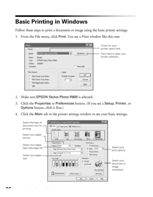 Page 2020Printing From Start to Finish
Basic Printing in Windows
Follow these steps to print a document or image using the basic printer settings: 
1. From the File menu, click 
Print. You see a Print window like this one:
2. Make sure 
EPSON Stylus Photo R800 is selected.
3. Click the 
Properties or Preferences button. (If you see a Setup, Printer, or 
Options button, click it first.)
4. Click the 
Main tab in the printer settings window to see your basic settings.
Click here to open your 
printer software...