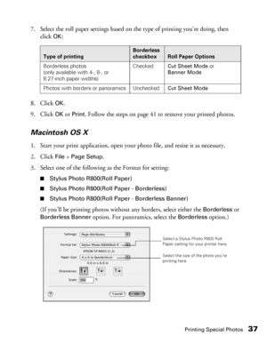 Page 37Printing Special Photos37
7. Select the roll paper settings based on the type of printing you’re doing, then 
click
OK:
8. Click 
OK.
9. Click 
OK or Print. Follow the steps on page 41 to remove your printed photos.
Macintosh OS X
1. Start your print application, open your photo file, and resize it as necessary.
2. Click 
File > Page Setup.
3. Select one of the following as the Format for setting:
■Stylus Photo R800(Roll Paper)
■Stylus Photo R800(Roll Paper - Borderless)
■Stylus Photo R800(Roll Paper -...
