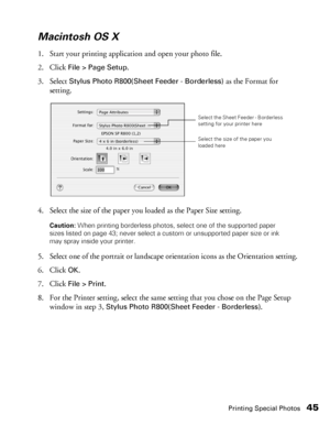 Page 45Printing Special Photos45
Macintosh OS X
1. Start your printing application and open your photo file.
2. Click 
File > Page Setup.
3. Select 
Stylus Photo R800(Sheet Feeder - Borderless) as the Format for 
setting.
4. Select the size of the paper you loaded as the Paper Size setting.
Caution: When printing borderless photos, select one of the supported paper 
sizes listed on page 43; never select a custom or unsupported paper size or ink 
may spray inside your printer.
5. Select one of the portrait or...