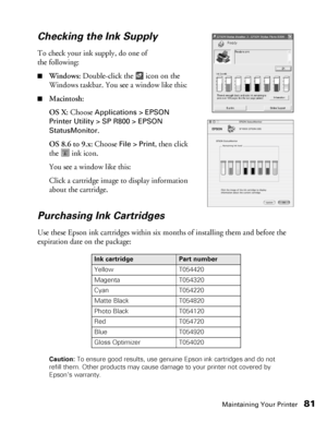 Page 81Maintaining Your Printer81
Checking the Ink Supply
To check your ink supply, do one of 
the following:
■Windows: Double-click the   icon on the 
Windows taskbar. You see a window like this: 
■Macintosh:
OS X: Choose 
Applications > EPSON 
Printer Utility > SP R800 > EPSON 
StatusMonitor
.
OS 8.6 to 9.x: Choose 
File > Print, then click 
the  ink icon.
You see a window like this:
Click a cartridge image to display information 
about the cartridge.
Purchasing Ink Cartridges
Use these Epson ink cartridges...