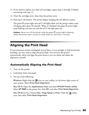 Page 85Maintaining Your Printer85
11. If you need to replace any other ink cartridges, repeat steps 6 through 10 before 
continuing with step 12.
12. Close the cartridge cover, then close the printer cover.
13. Press the 
Hink button. The printer begins charging the ink delivery system.
The green Ppower light and red 
Hink lights flash and the printer makes noise. 
Charging takes about 90 seconds. When it’s finished, the green Ppower light 
stops flashing and stays on, and the red 
Hink light goes out.
Caution:...