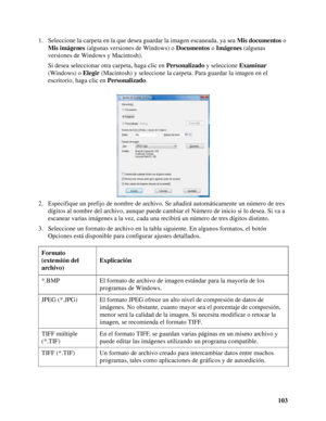 Page 103103 1. Seleccione la carpeta en la que desea guardar la imagen escaneada, ya sea Mis documentos o 
Mis imágenes (algunas versiones de Windows) o Documentos o Imágenes (algunas 
versiones de Windows y Macintosh).
Si desea seleccionar otra carpeta, haga clic en Personalizado y seleccione Examinar 
(Windows) o Elegir (Macintosh) y seleccione la carpeta. Para guardar la imagen en el 
escritorio, haga clic en Personalizado.
2. Especifique un prefijo de nombre de archivo. Se añadirá automáticamente un número...