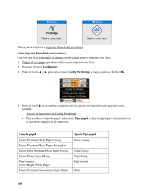Page 110110 Ahora puede empezar a imprimir fotos desde su cámara
.
Cómo imprimir fotos desde una la cámara
Una vez que haya conectado la cámara, puede cargar papel e imprimir sus fotos.
1. Cargue el tipo papel
 que desea utilizar para imprimir sus fotos.
2. Presione el botón Configurar.
3. Pulse el botón   o   para seleccionar Config PictBridge y luego oprima el botón OK.
4. Pulse el botón  para cambiar cualquiera de los ajustes de impresión que aparecen en la 
pantalla.
Ajustes de impresión de Config...