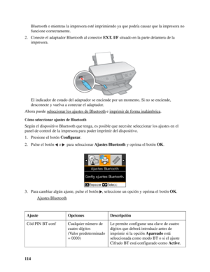 Page 114114Bluetooth o mientras la impresora esté imprimiendo ya que podría causar que la impresora no 
funcione correctamente.
2. Conecte el adaptador Bluetooth al conector EXT. I/F situado en la parte delantera de la 
impresora.
El indicador de estado del adaptador se enciende por un momento. Si no se enciende, 
desconecte y vuelva a conectar el adaptador.
Ahora puede seleccionar los ajustes de Bluetooth
 e imprimir de forma inalámbrica.
Cómo seleccionar ajustes de Bluetooth
Según el dispositivo Bluetooth que...