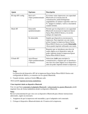 Page 115115 Nota:
La Dirección del dispositivo BT de la impresora Epson Stylus Photo RX610 Series está 
configurada de fábrica y se muestra con los ajustes Bluetooth.
4. Cuando termine, oprima el botón OK para salir.
Ahora puede imprimir de forma inalámbrica
.
Cómo imprimir desde un dispositivo Bluetooth
Una vez que haya conectado el adaptador Bluetooth y seleccionado los ajustes Bluetooth, puede 
imprimir fotos de forma inalámbrica desde su dispositivo Bluetooth.
Nota:
Revise la documentación que vino con su...