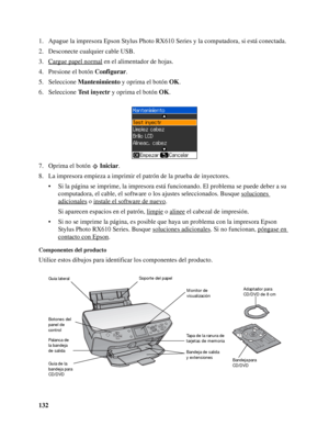 Page 132132 1. Apague la impresora Epson Stylus Photo RX610 Series y la computadora, si está conectada.
2. Desconecte cualquier cable USB.
3. Cargue papel normal
 en el alimentador de hojas.
4. Presione el botón Configurar.
5. Seleccione Mantenimiento y oprima el botón OK.
6. Seleccione Test inyectr y oprima el botón OK.
7. Oprima el botón Iniciar.
8. La impresora empieza a imprimir el patrón de la prueba de inyectores.
• Si la página se imprime, la impresora está funcionando. El problema se puede deber a su...