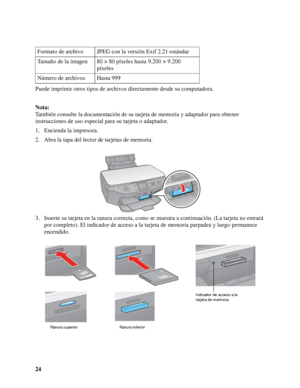 Page 2424 Puede imprimir otros tipos de archivos directamente desde su computadora.
Nota:
También consulte la documentación de su tarjeta de memoria y adaptador para obtener 
instrucciones de uso especial para su tarjeta o adaptador.
1. Encienda la impresora.
2. Abra la tapa del lector de tarjetas de memoria.
3. Inserte su tarjeta en la ranura correcta, como se muestra a continuación. (La tarjeta no entrará 
por completo). El indicador de acceso a la tarjeta de memoria parpadea y luego permanece 
encendido....