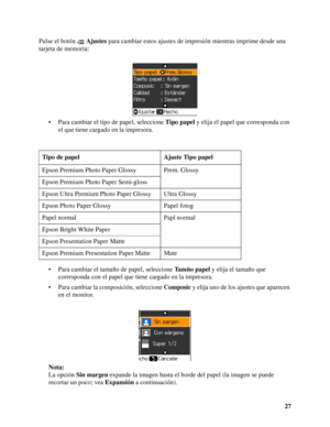 Page 2727 Pulse el botón Ajustes para cambiar estos ajustes de impresión mientras imprime desde una 
tarjeta de memoria:
• Para cambiar el tipo de papel, seleccione Tipo papel y elija el papel que corresponda con 
el que tiene cargado en la impresora.
• Para cambiar el tamaño de papel, seleccione Tamño papel y elija el tamaño que 
corresponda con el papel que tiene cargado en la impresora.
• Para cambiar la composición, seleccione Composic y elija uno de los ajustes que aparecen 
en el monitor.
Nota:
La opción...