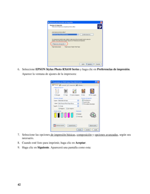 Page 4242 6. Seleccione EPSON Stylus Photo RX610 Series y haga clic en Preferencias de impresión.
Aparece la ventana de ajustes de la impresora:
7. Seleccione las opciones de impresión básicas
, composición y opciones avanzadas, según sea 
necesario.
8. Cuando esté listo para imprimir, haga clic en Aceptar.
9. Haga clic en Siguiente. Aparecerá una pantalla como esta:
 