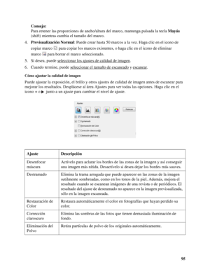 Page 9595 Consejo:
Para retener las proporciones de ancho/altura del marco, mantenga pulsada la tecla Mayús 
(shift) mientras cambia el tamaño del marco.
4.Previsualización Normal: Puede crear hasta 50 marcos a la vez. Haga clic en el icono de 
copiar marco  para copiar los marcos existentes, o haga clic en el icono de eliminar 
marco  para borrar el marco seleccionado.
5. Si desea, puede seleccionar los ajustes de calidad de imagen
.
6. Cuando termine, puede seleccionar el tamaño de escaneado
 y escanear.
Cómo...