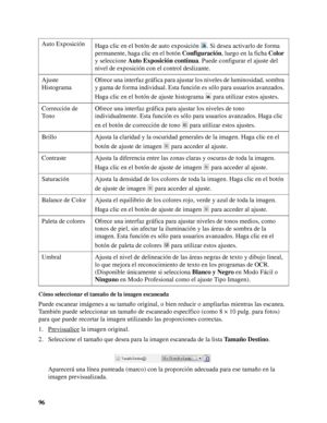 Page 9696
Cómo seleccionar el tamaño de la imagen escaneada
Puede escanear imágenes a su tamaño original, o bien reducir o ampliarlas mientras las escanea. 
También puede seleccionar un tamaño de escaneado específico (como 8 × 10 pulg. para fotos) 
para que puede recortar la imagen utilizando las proporciones correctas.
1. Previsualice
 la imagen original.
2. Seleccione el tamaño que desea para la imagen escaneada de la lista Ta m a ñ o  D e s t i n o.
Aparecerá una línea punteada (marco) con la proporción...