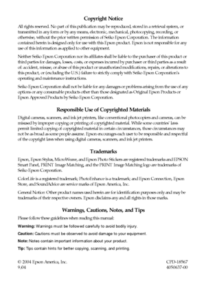 Page 2Copyright Notice
All rights reserved. No part of this publication may be reproduced, stored in a retrieval system, or 
transmitted in any form or by any means, electronic, mechanical, photocopying, recording, or 
otherwise, without the prior written permission of Seiko Epson Corporation. The information 
contained herein is designed only for use with this Epson product. Epson is not responsible for any 
use of this information as applied to other equipment.
Neither Seiko Epson Corporation nor its...