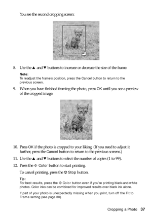 Page 37Cropping a Photo37 You see the second cropping screen:
8. Use the u and d buttons to increase or decrease the size of the frame. 
Note: 
To readjust the frame’s position, press the Cancel button to return to the 
previous screen. 
9. When you have finished framing the photo, press OK until you see a preview 
of the cropped image: 
10. Press 
OK if the photo is cropped to your liking. (If you need to adjust it 
further, press the 
Cancel button to return to the previous screens.)
11. Use the u and d...