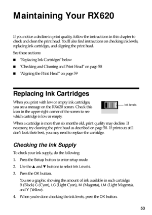 Page 5353
Maintaining Your RX620
If you notice a decline in print quality, follow the instructions in this chapter to 
check and clean the print head. You’ll also find instructions on checking ink levels, 
replacing ink cartridges, and aligning the print head.
See these sections:
■“Replacing Ink Cartridges” below
■“Checking and Cleaning and Print Head” on page 58
■“Aligning the Print Head” on page 59
Replacing Ink Cartridges
When you print with low or empty ink cartridges, 
you see a message on the RX620...