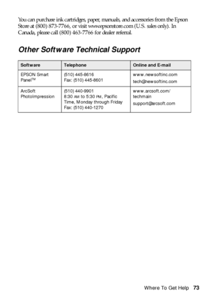 Page 73Where To Get Help73 You can purchase ink cartridges, paper, manuals, and accessories from the Epson 
Store at (800) 873-7766, or visit www.epsonstore.com (U.S. sales only). In 
Canada, please call (800) 463-7766 for dealer referral. 
Other Software Technical Support
SoftwareTelephoneOnline and E-mail
EPSON Smart 
Panel
TM(510) 445-8616
Fax: (510) 445-8601www.newsoftinc.com
tech@newsoftinc.com
ArcSoft 
PhotoImpression (510) 440-9901
8:30 
AM to 5:30 PM, Pacific 
Time, Monday through Friday
Fax: (510)...