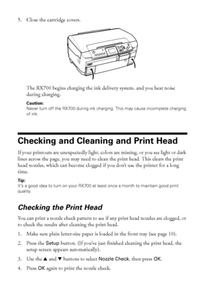 Page 7272Maintaining Your RX700
5. Close the cartridge covers.
The RX700 begins charging the ink delivery system, and you hear noise 
during charging. 
Caution: 
Never turn off the RX700 during ink charging. This may cause incomplete charging 
of ink.
Checking and Cleaning and Print Head
If your printouts are unexpectedly light, colors are missing, or you see light or dark 
lines across the page, you may need to clean the print head. This clears the print 
head nozzles, which can become clogged if you don’t use...