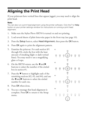 Page 7474Maintaining Your RX700
Aligning the Print Head 
If your printouts have vertical lines that appear jagged, you may need to align the 
print head. 
Note: 
You can also run a print head alignment using the printer software. Click the? or Help 
button on your printer settings window for instructions on running a print head 
alignment.
1. Make sure the Stylus Photo RX700 is turned on and not printing.
2. Load several sheets of plain letter-size paper in the front tray (see page 10).
3. Press the 
Setup...