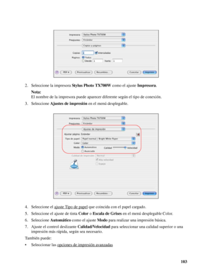 Page 103103 2. Seleccione la impresora Stylus Photo TX700W como el ajuste Impresora.
Nota:
El nombre de la impresora puede aparecer diferente según el tipo de conexión.
3. Seleccione Ajustes de impresión en el menú desplegable.
4. Seleccione el ajuste Tipo de papel
 que coincida con el papel cargado.
5. Seleccione el ajuste de tinta Color o Escala de Grises en el menú desplegable Color.
6. Seleccione Automático como el ajuste Modo para realizar una impresión básica.
7. Ajuste el control deslizante...