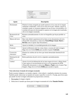 Page 145145
Cómo seleccionar el tamaño de la imagen escaneada
Puede escanear imágenes a su tamaño original, o bien reducir o ampliarlas mientras las escanea. 
También puede seleccionar un tamaño de escaneo específico (como 8 × 10 pulg. para fotos) para 
que puede recortar la imagen utilizando las proporciones correctas.
1. Previsualice
 la imagen original.
2. Seleccione el tamaño que desea para la imagen escaneada de la lista Ta m a ñ o  D e s t i n o. Ajuste Descripción
Destramado Elimina la trama arrugada que...