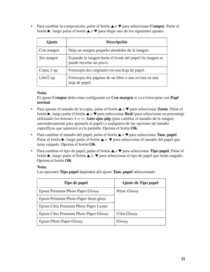 Page 2121 • Para cambiar la composición, pulse el botón o  para seleccionar Compos. Pulse el 
botón , luego pulse el botón o  para elegir uno de los siguientes ajustes.
Nota:
El ajuste Compos debe estar configurado en Con margen si va a fotocopiar con Papl 
normal.
• Para ajustar el tamaño de la copia, pulse el botón o  para seleccionar Zoom. Pulse el 
botón , luego pulse el botón o  para seleccionar Real (para seleccionar un porcentaje 
utilizando los botones + o –), Auto ajus pág (para cambiar el tamaño de la...