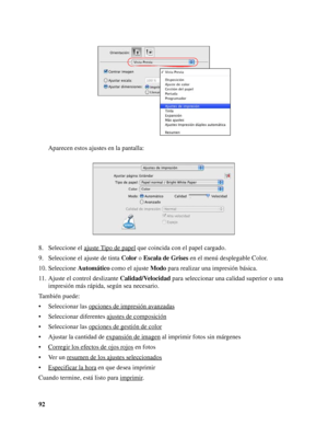 Page 9292Aparecen estos ajustes en la pantalla:
8. Seleccione el ajuste Tipo de papel
 que coincida con el papel cargado.
9. Seleccione el ajuste de tinta Color o Escala de Grises en el menú desplegable Color.
10. Seleccione Automático como el ajuste Modo para realizar una impresión básica.
11. Ajuste el control deslizante Calidad/Velocidad para seleccionar una calidad superior o una 
impresión más rápida, según sea necesario.
También puede:
• Seleccionar las opciones de impresión avanzadas
• Seleccionar...