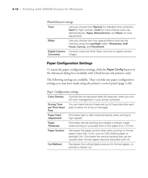 Page 1234-10
4-10|Printing with EPSON Drivers for Windows
Paper Configuration Settings
To access the paper configuration settings, click the Paper Config button in 
the Advanced dialog box (available with UltraChrome ink printers only). 
The following settings are available. They override any paper configuration 
settings you may have made using the printer’s control panel (page 2-28). PhotoEnhance4 settings
ToneLets you choose from Normal for standard tone correction, 
Hard for high contrast, Vivid for more...