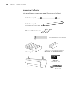 Page 191-4
1-4|Setting Up the Printer
Unpacking the Printer
After unpacking the printer, make sure all these items are included:
3-inch roll paper spindle
2-inch roll paper spindle 
with Doubleweight Matte Paper
Roll paper belts for 2-inch roll paper
Power cord Printer
Roll paper belts for 3-inch roll paper
Ink cartridges (6)UltraChrome model only: additional black 
ink cartridge and ink draining cartridge
Label for ink 
compartment cover
 