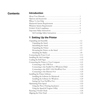 Page 4v
Introduction
About Your Manuals . . . . . . . . . . . . . . . . . . . . . . . . . . . . . . . . . . . . .  1
Options and Accessories  . . . . . . . . . . . . . . . . . . . . . . . . . . . . . . . . . .  2
Where To Get Help  . . . . . . . . . . . . . . . . . . . . . . . . . . . . . . . . . . . . .  3
Macintosh System Requirements   . . . . . . . . . . . . . . . . . . . . . . . . . . .  4
Windows System Requirements   . . . . . . . . . . . . . . . . . . . . . . . . . . . .  5
E
NERGY STAR Compliance  . ....