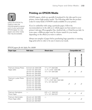 Page 702-3
Using Paper and Other Media|2-3
Printing on EPSON Media 
EPSON papers, which are specially formulated for the inks used in your 
printer, ensure high-quality results. The following table lists the product 
codes for many kinds of EPSON media available for your printer. 
If you’re unfamiliar with using a particular paper, follow the 
recommendations in the table as to which papers are best-suited to your 
printer’s ink type (Photographic Dye, Archival ink, or UltraChrome ink). In 
some cases, a...