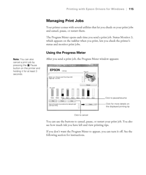 Page 1154-115
Printing with Epson Drivers for Windows|115
Managing Print Jobs
Your printer comes with several utilities that let you check on your print jobs 
and cancel, pause, or restart them. 
The Progress Meter opens each time you send a print job. Status Monitor 3, 
which appears on the taskbar when you print, lets you check the printer’s 
status and monitor print jobs. 
Using the Progress Meter
After you send a print job, the Progress Meter window appears:
You can use the buttons to cancel, pause, or...