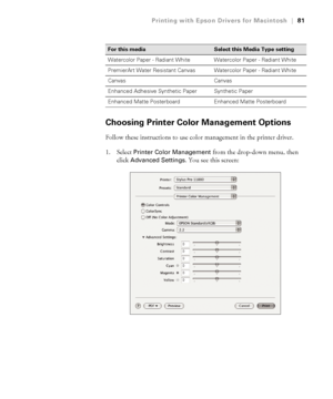 Page 813-81
Printing with Epson Drivers for Macintosh|81
Choosing Printer Color Management Options
Follow these instructions to use color management in the printer driver. 
1. Select 
Printer Color Management from the drop-down menu, then 
click 
Advanced Settings. You see this screen:
Watercolor Paper - Radiant White Watercolor Paper - Radiant White
PremierArt Water Resistant CanvasWatercolor Paper - Radiant White
Canvas Canvas
Enhanced Adhesive Synthetic Paper Synthetic Paper
Enhanced Matte Posterboard...