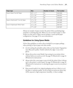 Page 312-31
Handling Paper and Other Media|31
Always test samples of paper stock in the printer before purchasing large 
quantities or printing large jobs. When you use non-Epson paper or other 
media, you may need to adjust various settings or create special paper 
configurations. (See page 45 for more information.) 
Guidelines for Using Epson Media
Follow these guidelines, as well as those included in your paper package, 
when printing on Epson paper and other media:
Avoid touching the printable surface with...