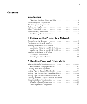 Page 55
5
Contents
Introduction
Warnings, Cautions, Notes, and Tips . . . . . . . . . . . . . . . . . . . . . . . . 9
Macintosh System Requirements   . . . . . . . . . . . . . . . . . . . . . . . . . . . . . 10
Windows System Requirements   . . . . . . . . . . . . . . . . . . . . . . . . . . . . . . 10
Options and Supplies   . . . . . . . . . . . . . . . . . . . . . . . . . . . . . . . . . . . . . . 11
Where To Get Help  . . . . . . . . . . . . . . . . . . . . . . . . . . . . . . . . . . . . . . . 12
Important...