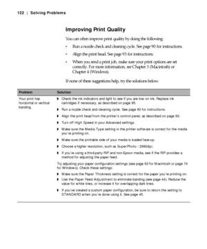 Page 1226-122
122 | Solving Problems
Improving Print Quality
You can often improve print quality by doing the following:
Run a nozzle check and cleaning cycle. See page 90 for instructions.
Align the print head. See page 93 for instructions.
When you send a print job, make sure your print options are set 
correctly. For more information, see Chapter 3 (Macintosh) or 
Chapter 4 (Windows).
If none of these suggestions help, try the solutions below.
ProblemSolution 
Your print has 
horizontal or vertical...