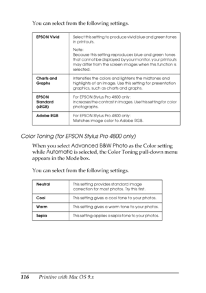 Page 116116Printing with Mac OS 9.x You can select from the following settings.
Color Toning (for EPSON Stylus Pro 4800 only)
When you select Advanced B&W Photo as the Color setting 
while Automatic is selected, the Color Toning pull-down menu 
appears in the Mode box.
You can select from the following settings.
EPSON VividSelect this setting to produce vivid blue and green tones 
in printouts.
Note:
Because this setting reproduces blue and green tones 
t h a t  c a n n o t  b e  d i s p l a y e d  b y  y o u r...