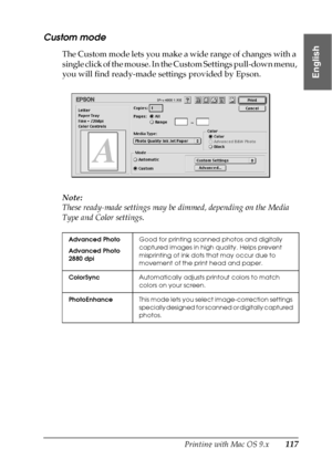 Page 117Printing with Mac OS 9.x117
2
2
2
2
2
2
2
2
2
2
2
2
English
Custom mode
The Custom mode lets you make a wide range of changes with a 
single click of the mouse. In the Custom Settings pull-down menu, 
you will find ready-made settings provided by Epson. 
Note:
These ready-made settings may be dimmed, depending on the Media 
Type and Color settings.
Advanced Photo
Advanced Photo 
2880 dpiGood for printing scanned photos and digitally 
captured images in high quality. Helps prevent 
misprinting of ink dots...