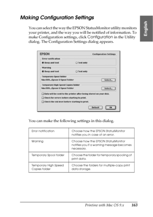 Page 163Printing with Mac OS 9.x163
2
2
2
2
2
2
2
2
2
2
2
2
English
Making Configuration Settings
You can select the way the EPSON StatusMonitor utility monitors 
your printer, and the way you will be notified of information. To 
make Configuration settings, click Configuration in the Utility 
dialog. The Configuration Settings dialog appears.
You can make the following settings in this dialog.
Error notification Choose how the EPSON StatusMonitor 
notifies you in case of an error.
Warning Choose how the EPSON...