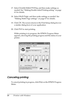 Page 1818Printing with Windows 17. Select Double-Sided Printing, and then make settings as 
needed. See “Making Double-sided Printing setting” on page 
61 for details.
18. Select Multi-Page, and then make settings as needed. See 
“Making Multi-Page settings” on page 67 for details.
19. Click OK. The screen returns to the Print Setup dialog box (or 
a similar dialog box) of your application.
20. Click Print to start printing.
While printing is in progress, the EPSON Progress Meter 
appears, showing the printing...